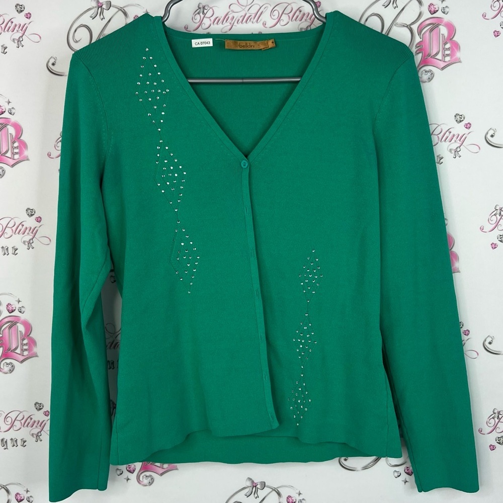 Belldini cardigan argyle diamonds bling Teal Cardigan with Rhinestone Details